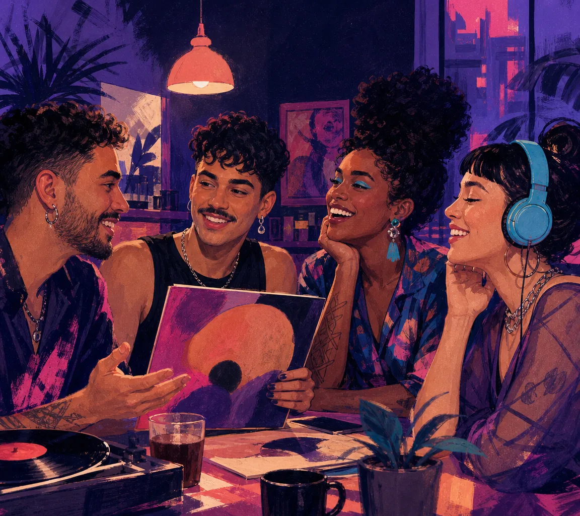 Grupo de pessoas LGBTQIA+ adultas compartilhando interesses em um café